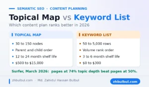 Topical map compared with a keyword list on nodes, order, shelf life and cost