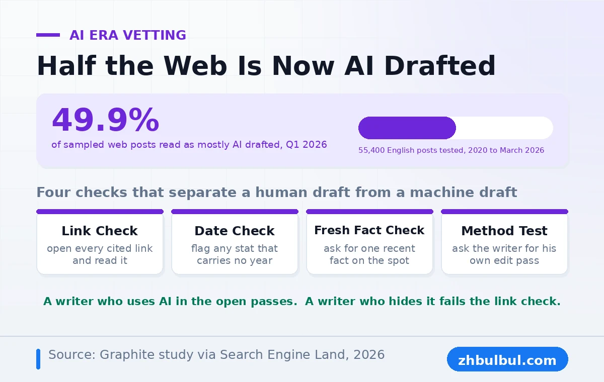 Four AI era vetting checks for an SEO content writer against the 49.9 percent AI draft rate