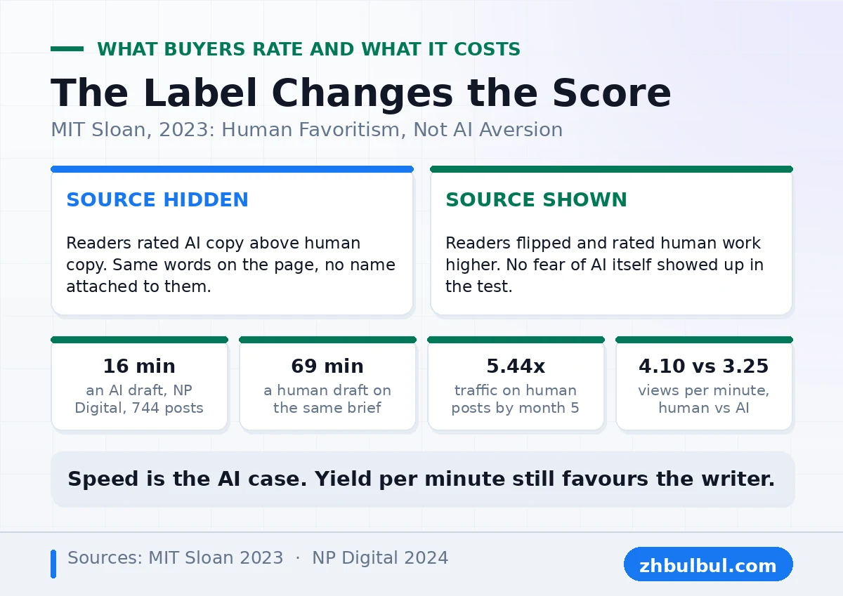 MIT Sloan label test result on AI copy against human copy with the NP Digital time and traffic data
