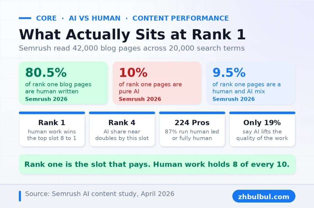Semrush data on rank one blog pages showing 80.5 percent human written against 10 percent pure AI