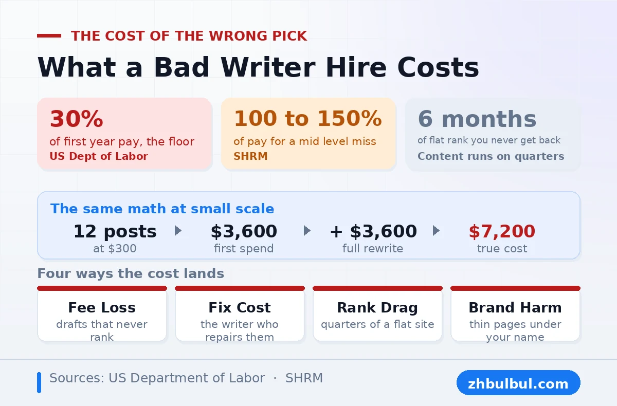 Cost of a bad SEO content writer hire shown as fee loss, fix cost, rank drag and brand harm