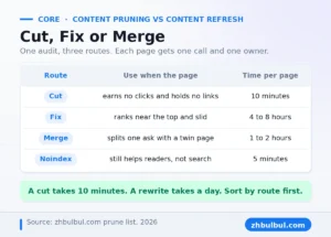Content pruning vs content refresh route table showing cut, fix, merge and noindex with time per page