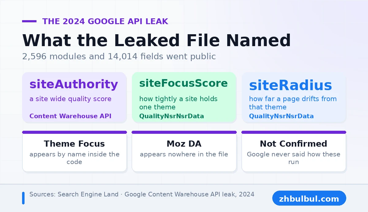 Site signals named in the 2024 Google Content Warehouse API leak including siteFocusScore