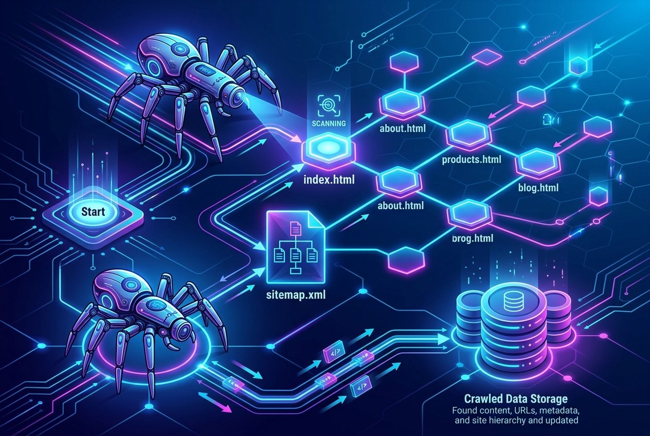 Abstract digital robot spider scanning HTML web data nodes representing the search engine basics crawling process