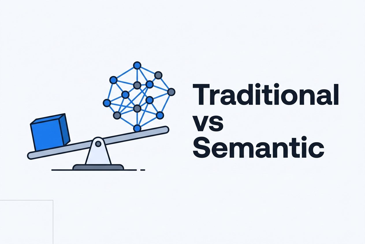 Balance scale contrasting traditional SEO block with semantic network