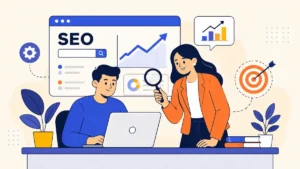 Flat vector illustration showing the importance of SEO with a rising traffic chart and magnifying glass.